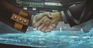 Negotiated Non-Aggression Two people in differing military uniforms are shaking hands over a holographic map.